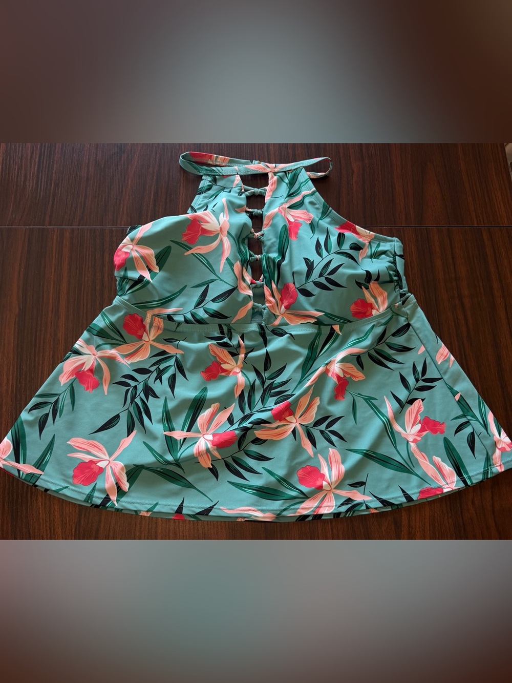 0X Floral High-Neck Tankini Top in Teal with Coral Blooms